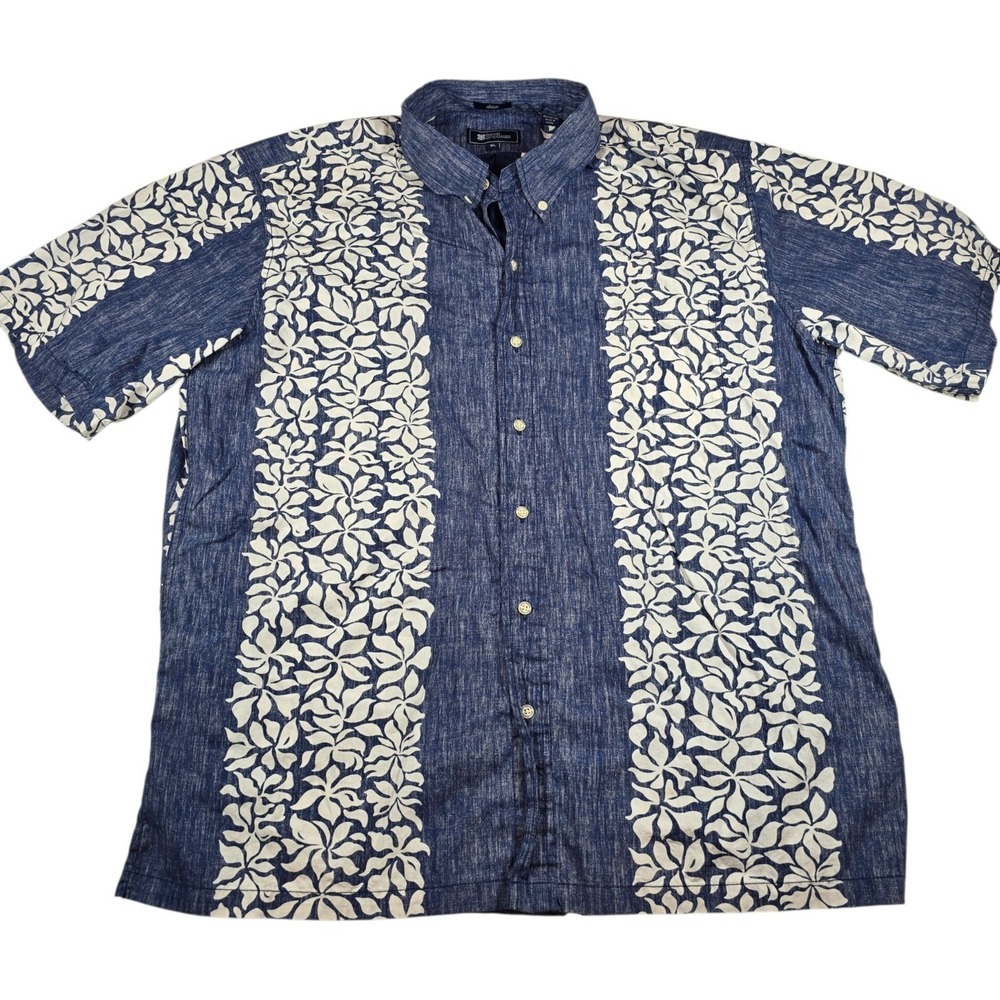 Reyn Spooner Blue White Floral Hawaiian Aloha Casual Button Down Shirt- Men's XL